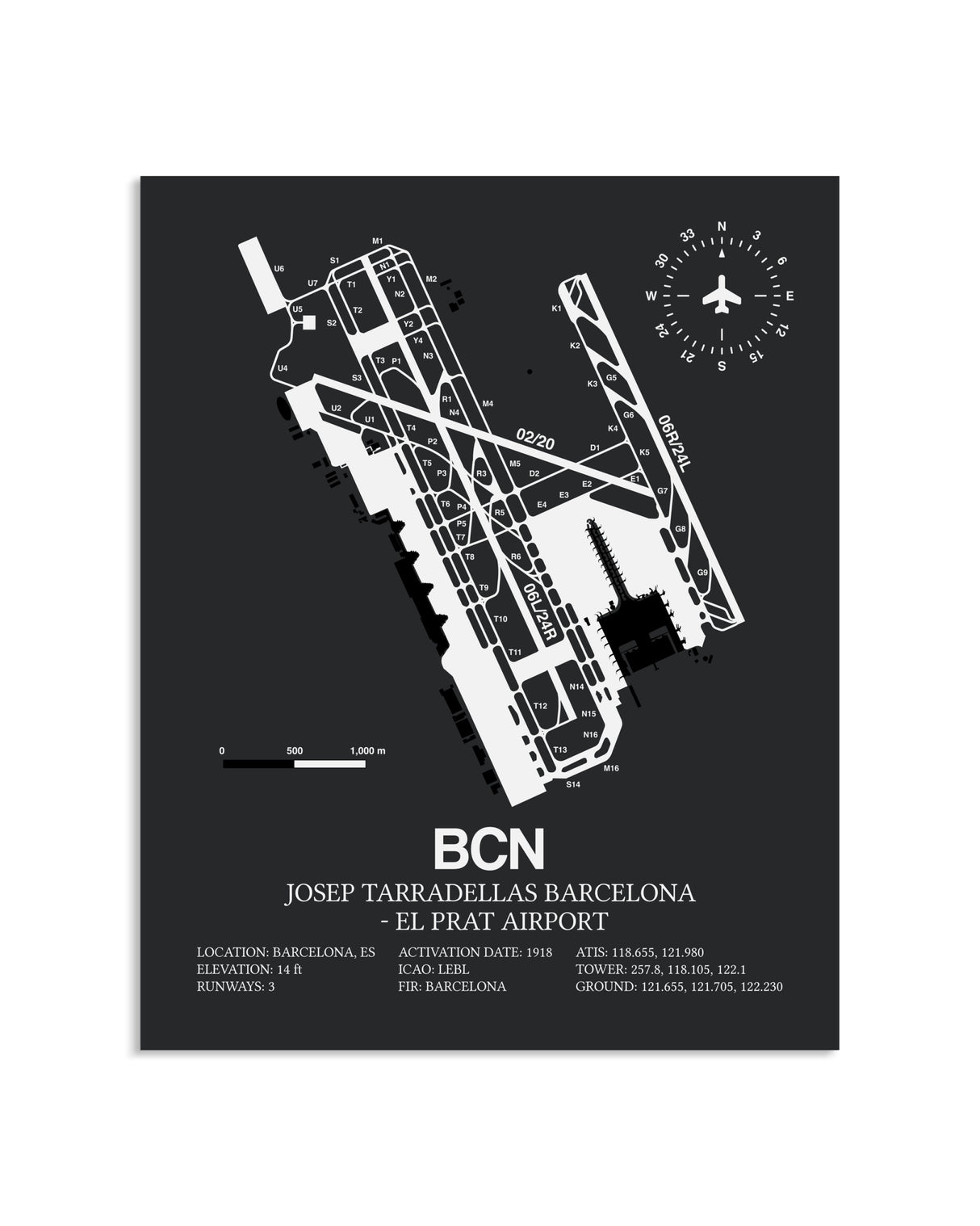 Gray Framed Josep Tarradellas Barcelona-El Prat Airport layout wall art poster