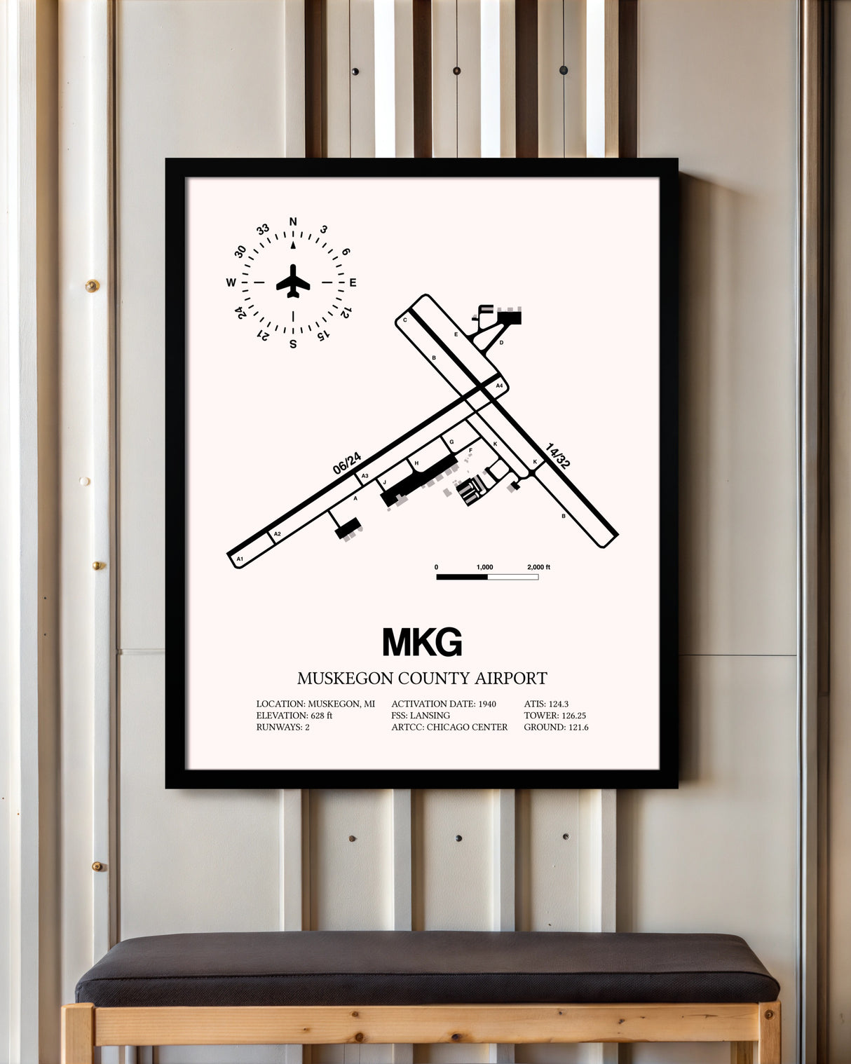 Muskegon County Airport framed poster displayed in an airplane hangar