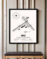 Muskegon County Airport framed poster displayed in an airplane hangar