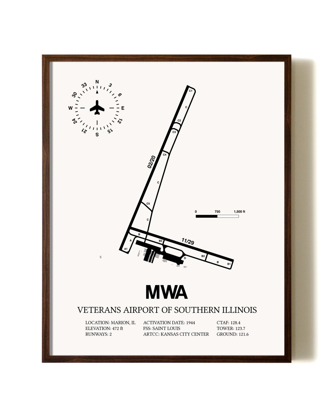 Veterans Airport Of Southern Illinois aviation print in walnut frame