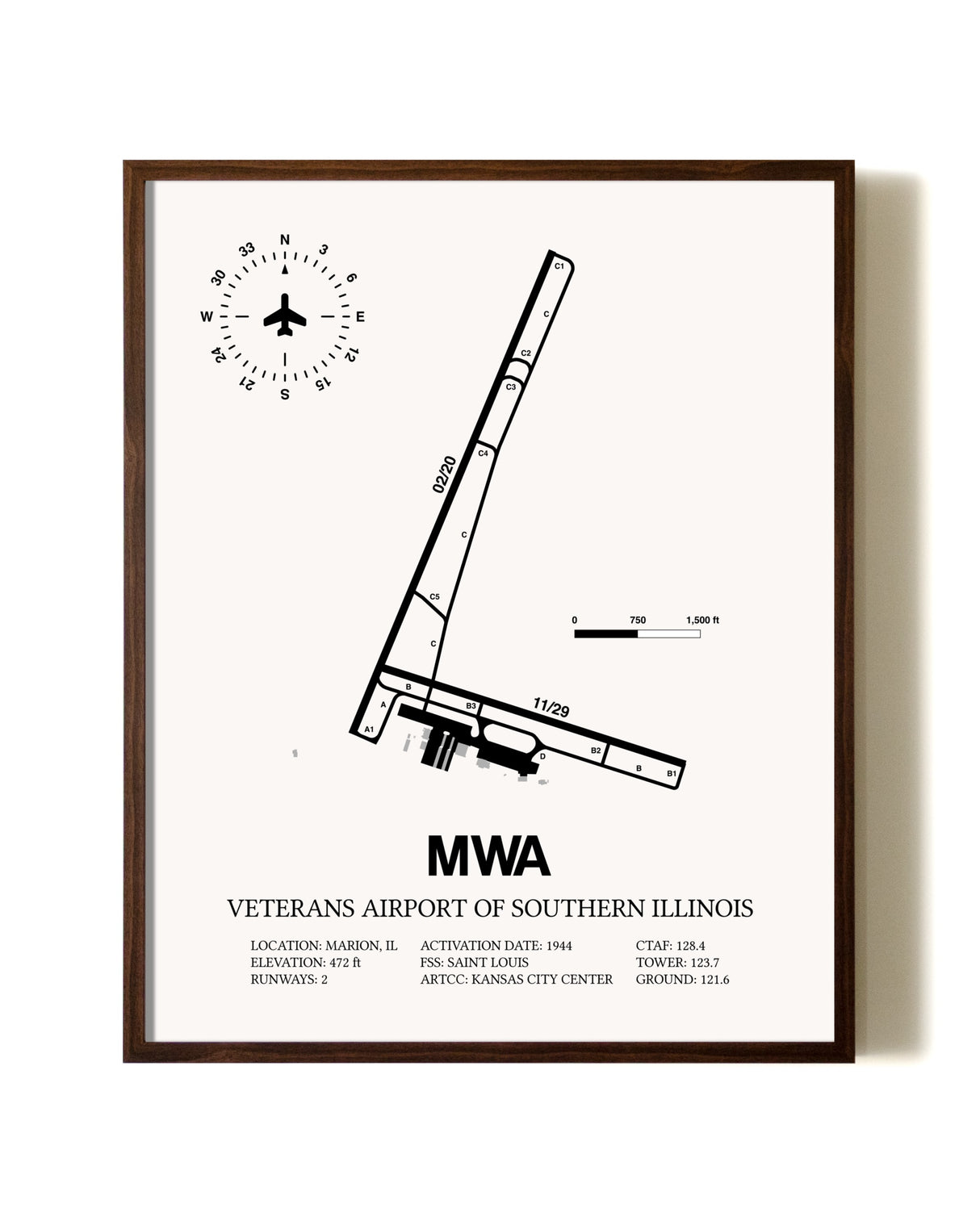 Veterans Airport Of Southern Illinois aviation print in walnut frame