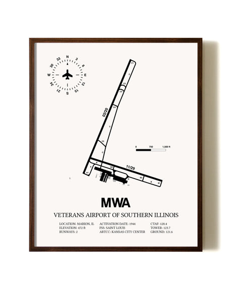 Veterans Airport Of Southern Illinois aviation print in walnut frame