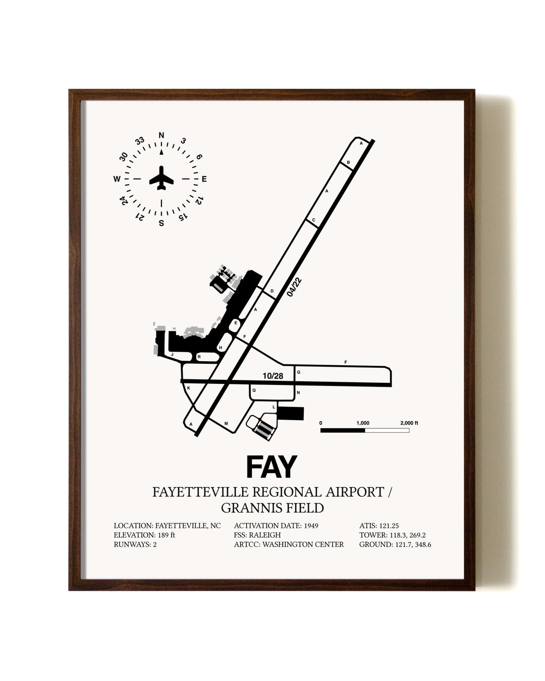 Fayetteville Regional Airport / Grannis Field aviation print in walnut frame