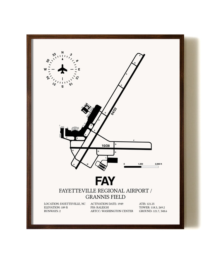 Fayetteville Regional Airport / Grannis Field aviation print in walnut frame