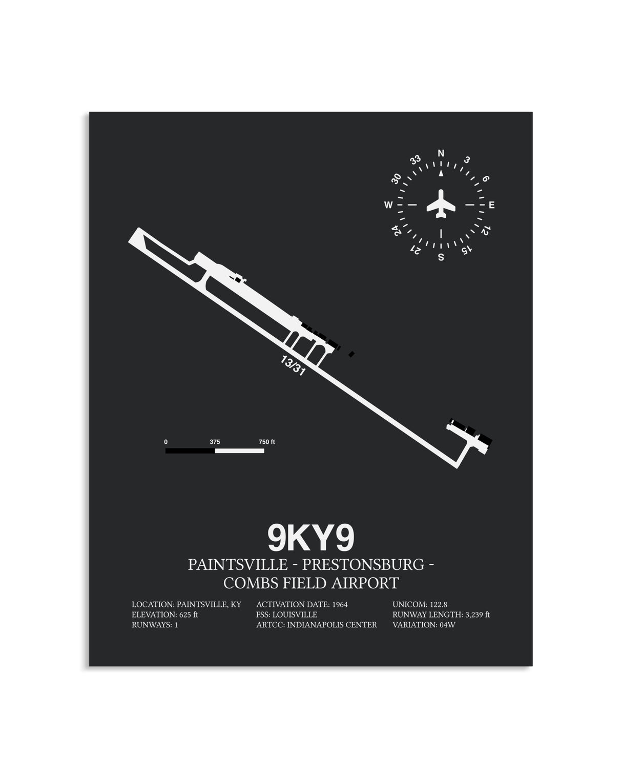 Gray Framed Paintsville-Prestonsburg - Combs Field Airport layout wall art poster