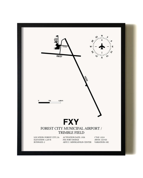 Framed Forest City Municipal Airport / Trimble Field wall art poster in black frame