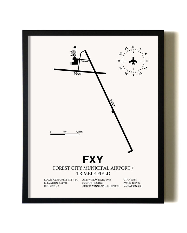 Framed Forest City Municipal Airport / Trimble Field wall art poster in black frame