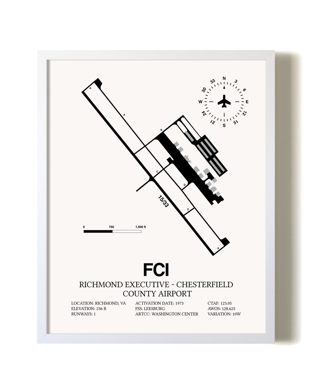 Richmond Executive-Chesterfield County Airport airport map poster in oak frame