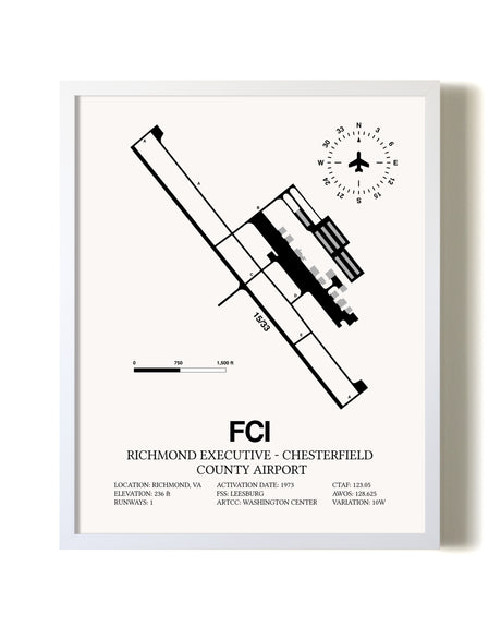 Richmond Executive-Chesterfield County Airport airport map poster in oak frame