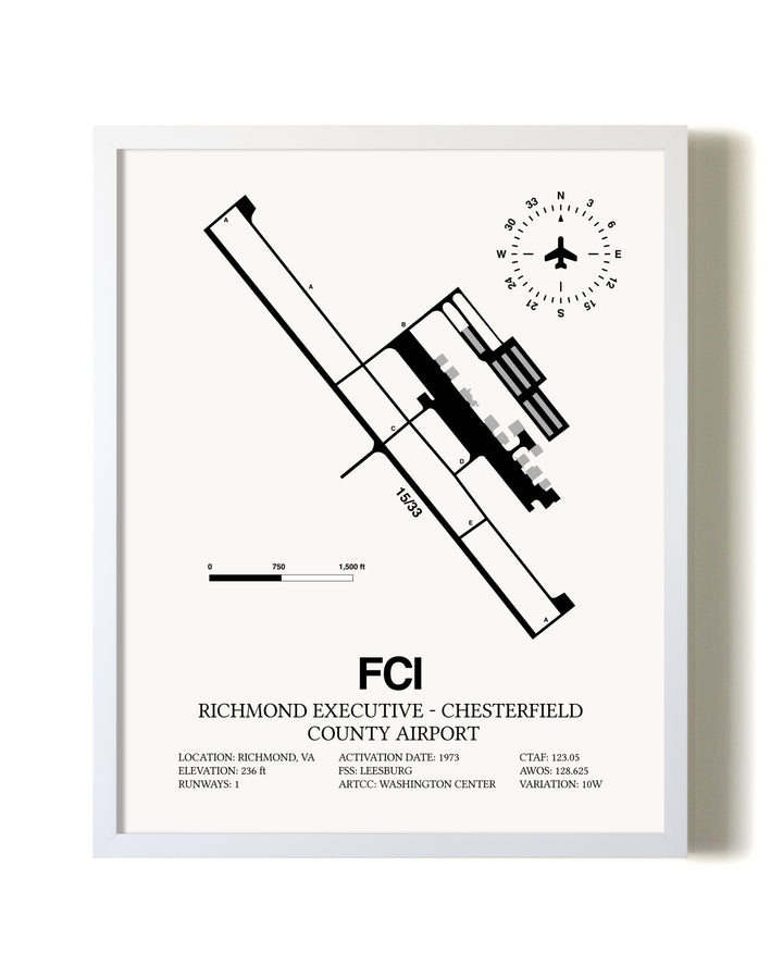 Richmond Executive-Chesterfield County Airport airport map poster in oak frame