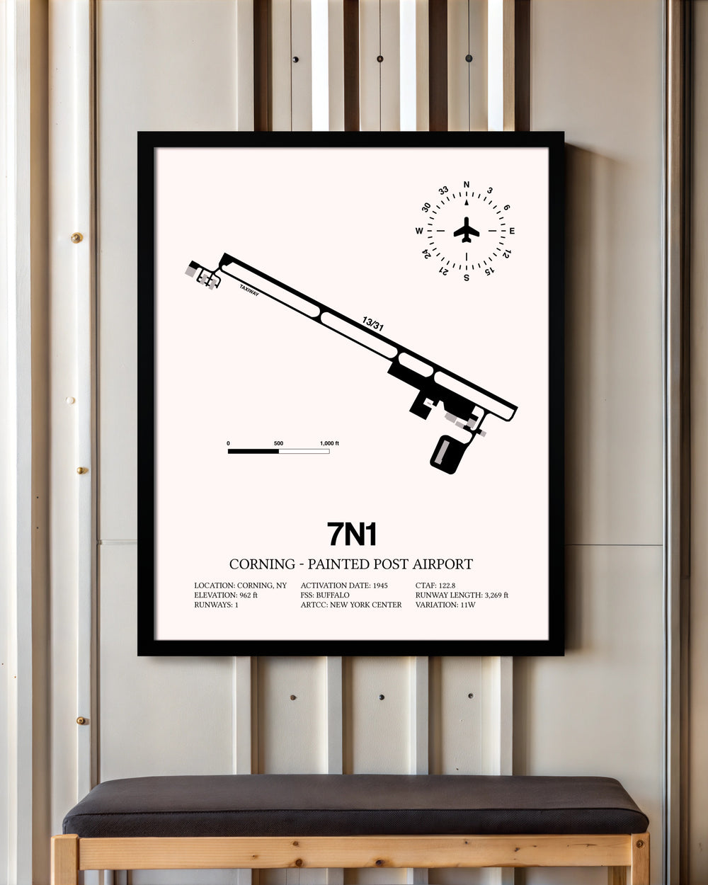 Corning - Painted Post Airport framed poster displayed in an airplane hangar