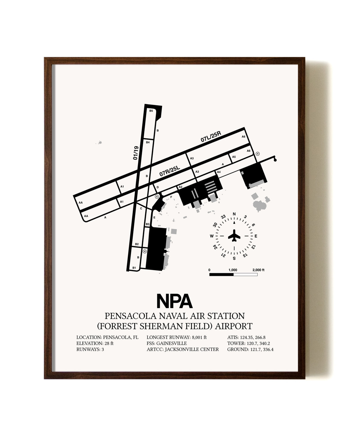 Pensacola Naval Air Station (Forrest Sherman Field) Airport aviation print in walnut frame