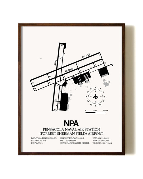 Pensacola Naval Air Station (Forrest Sherman Field) Airport aviation print in walnut frame