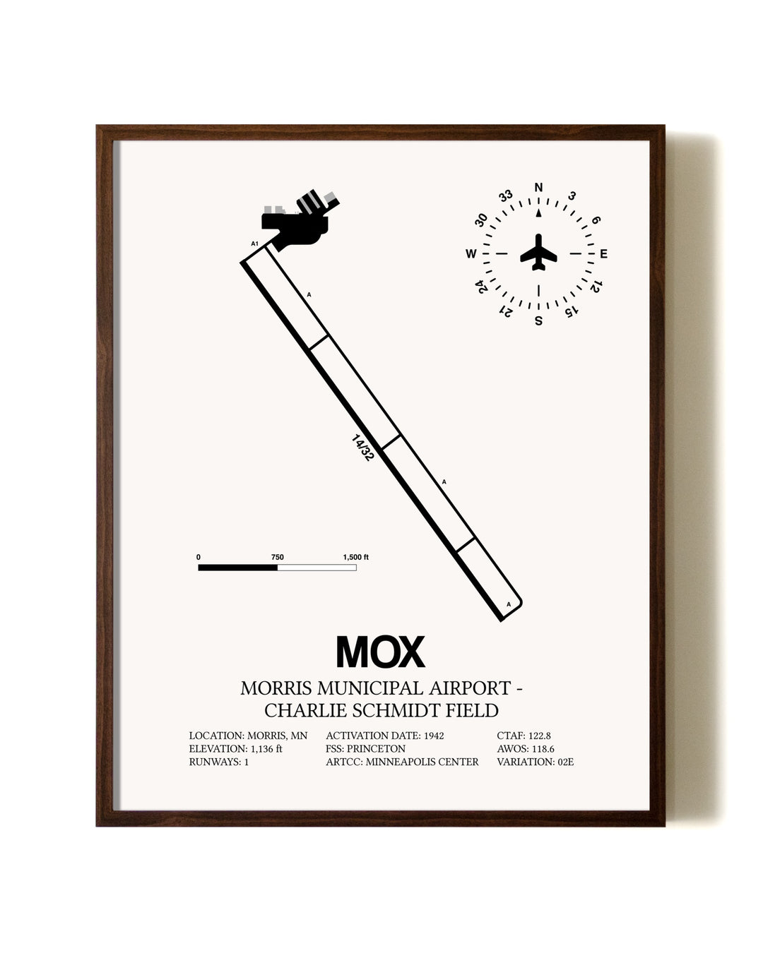 Morris Municipal Airport-Charlie Schmidt Field aviation print in walnut frame