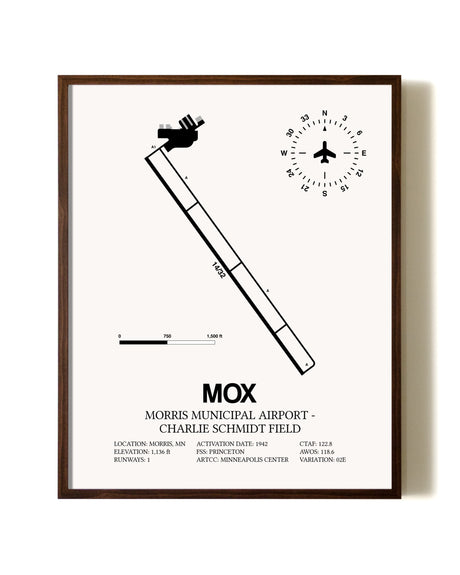 Morris Municipal Airport-Charlie Schmidt Field aviation print in walnut frame