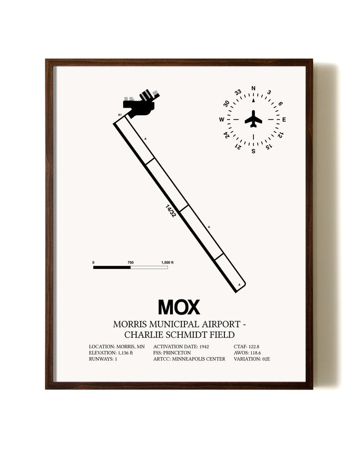 Morris Municipal Airport-Charlie Schmidt Field aviation print in walnut frame