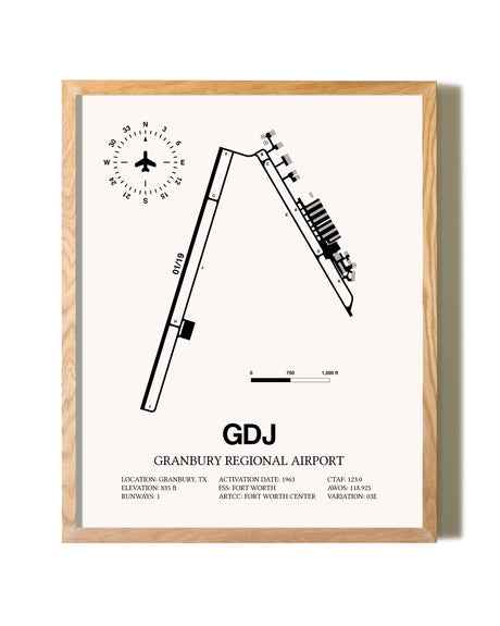 Granbury Regional Airport framed print in natural wood frame