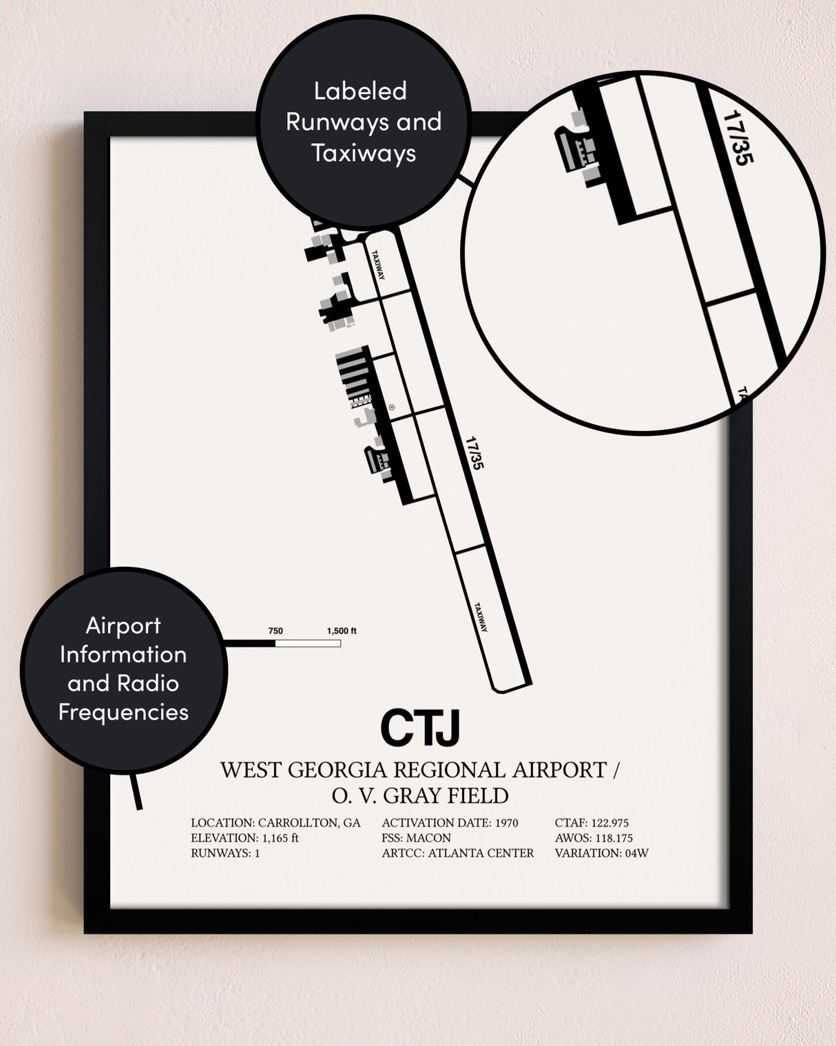 Framed West Georgia Regional Airport/ O. V. Gray Field layout wall art poster