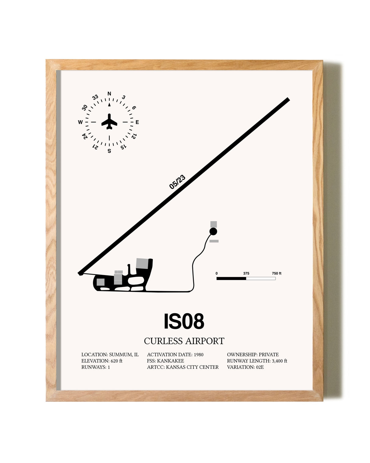 Curless Airport framed print in natural wood frame