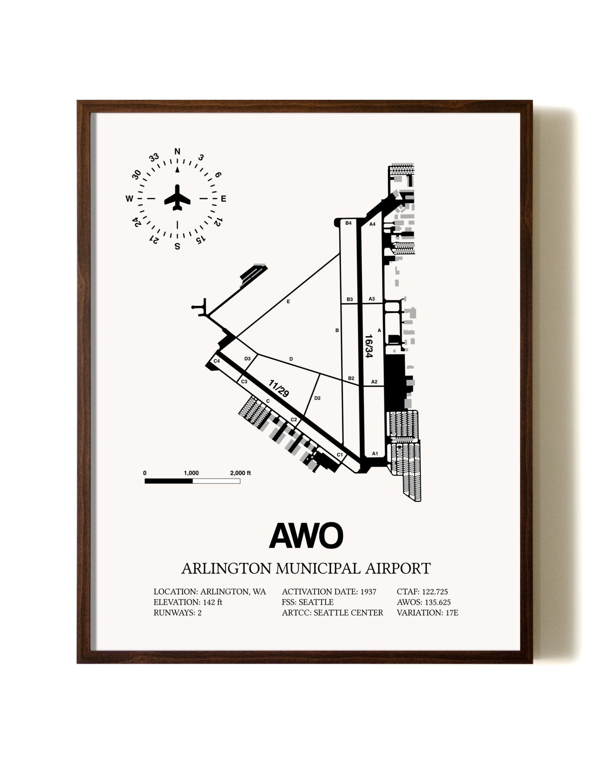 Arlington Municipal Airport aviation print in walnut frame