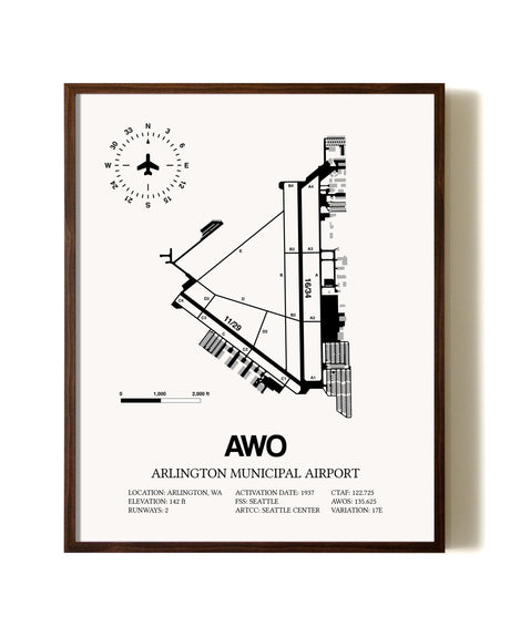 Arlington Municipal Airport aviation print in walnut frame