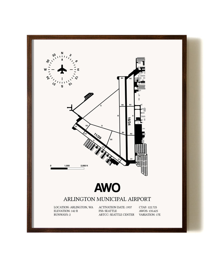 Arlington Municipal Airport aviation print in walnut frame