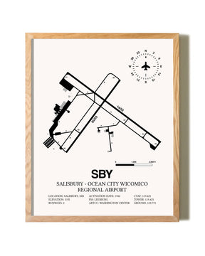 Salisbury-Ocean City Wicomico Regional Airport framed print in natural wood frame