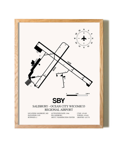 Salisbury-Ocean City Wicomico Regional Airport framed print in natural wood frame