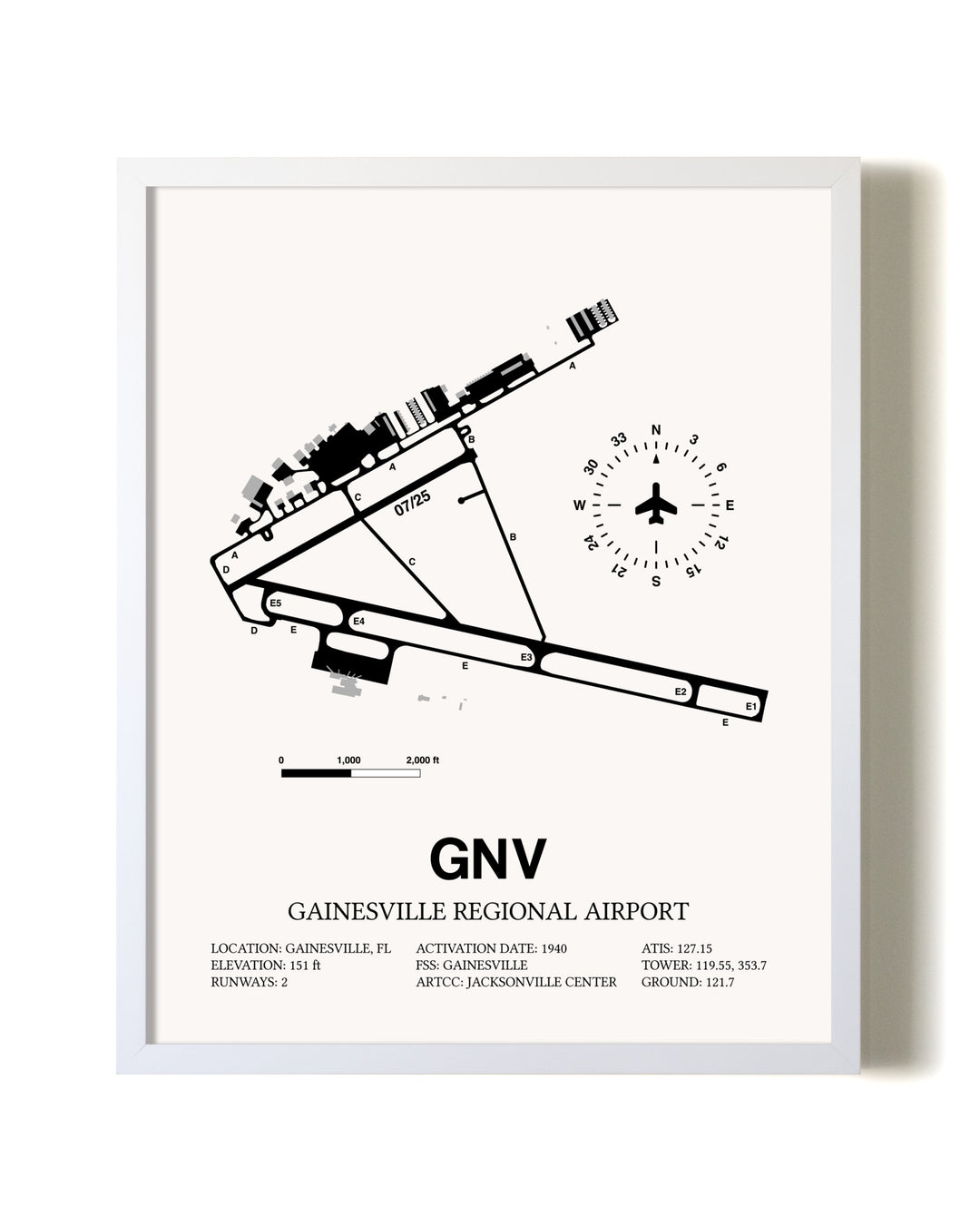 Gainesville Regional Airport airport map poster in oak frame