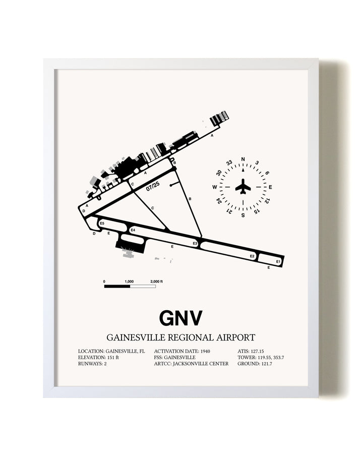 Gainesville Regional Airport airport map poster in oak frame