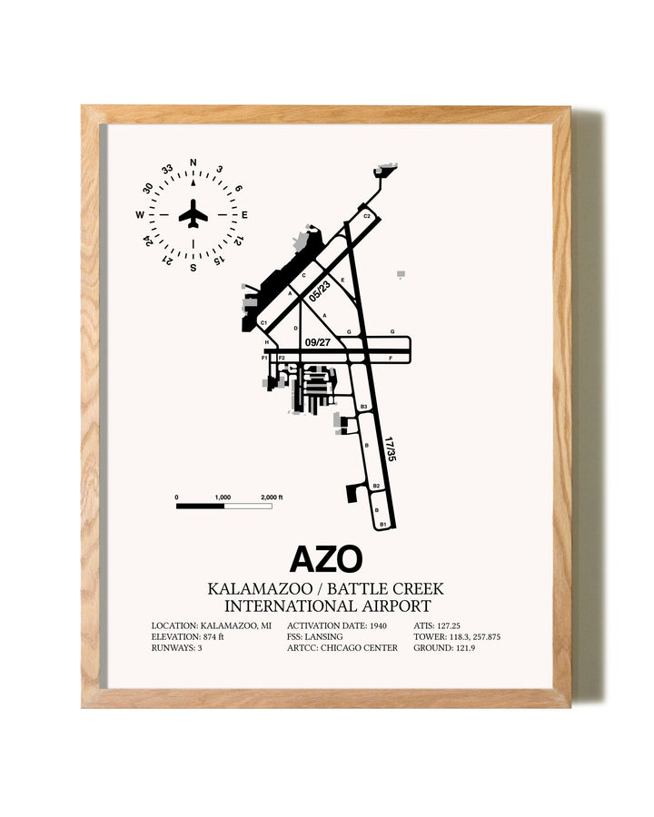 Kalamazoo / Battle Creek International Airport framed print in natural wood frame