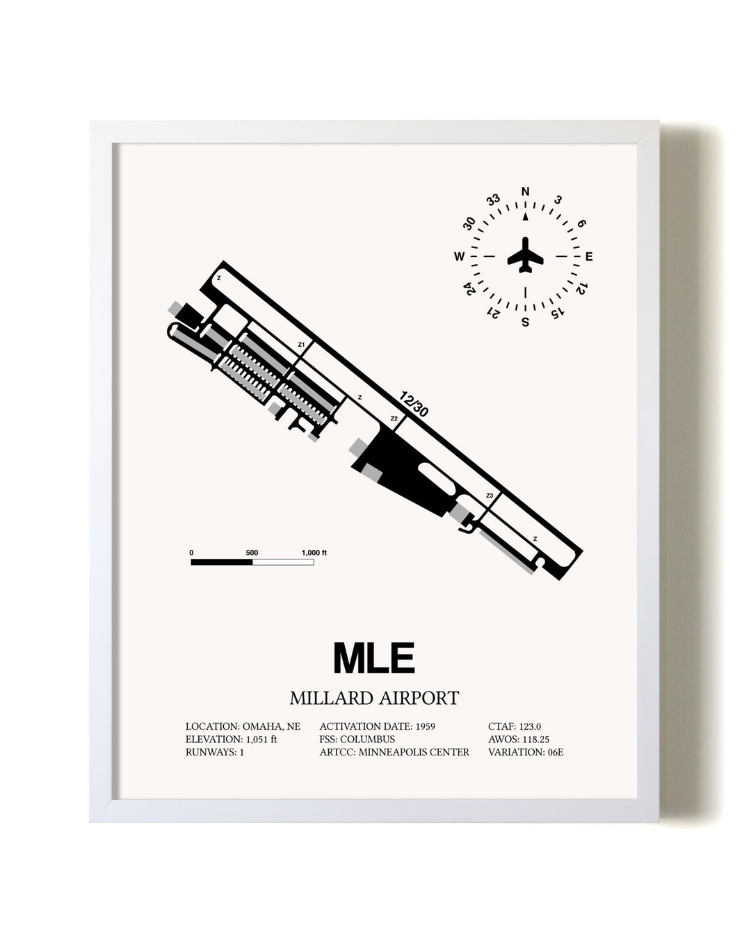 Millard Airport airport map poster in oak frame
