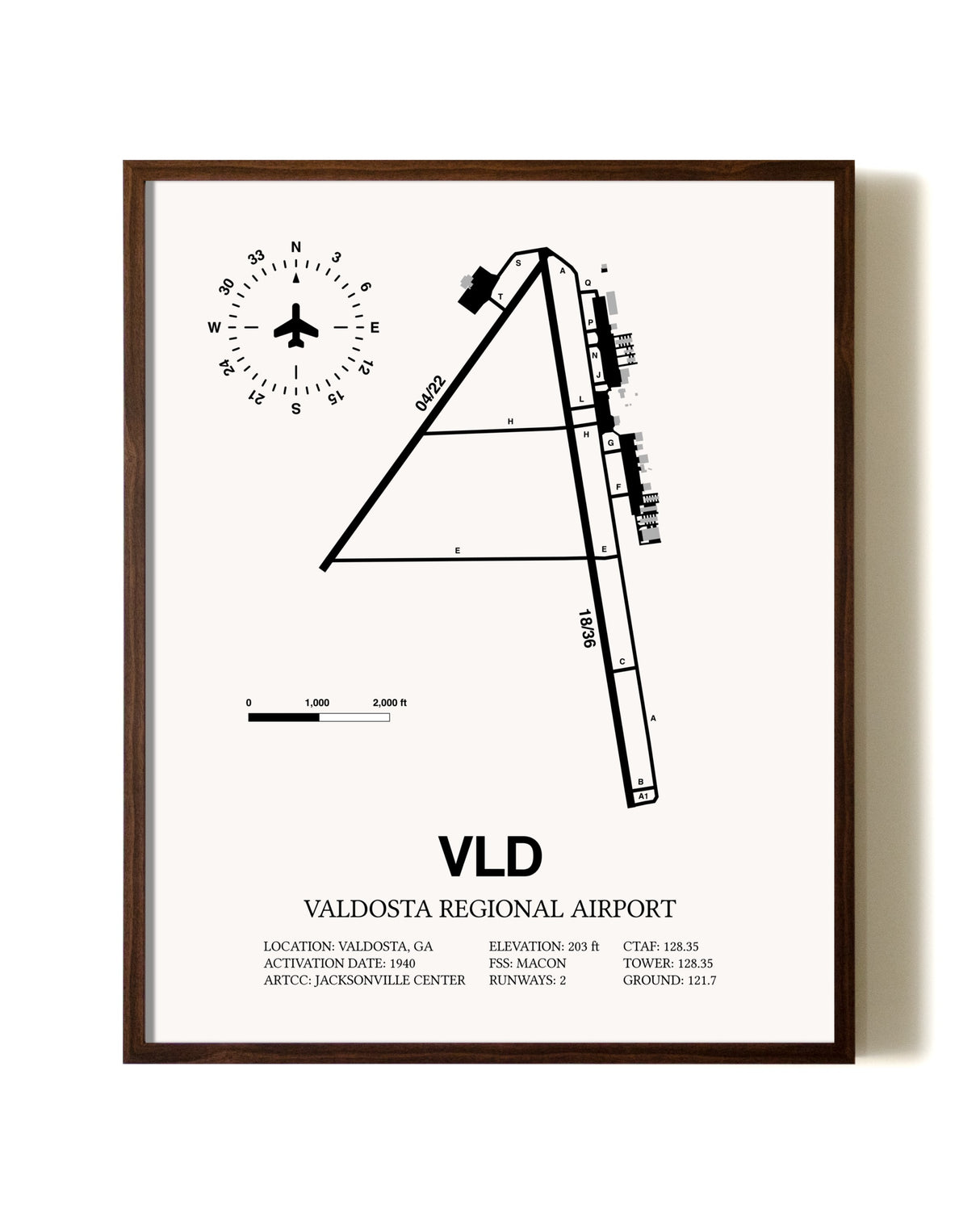 Valdosta Regional Airport aviation print in walnut frame