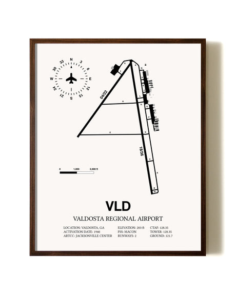 Valdosta Regional Airport aviation print in walnut frame