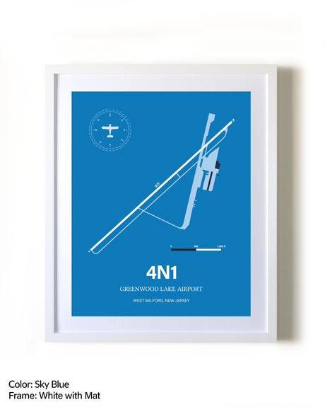 Greenwood Lake Airport framed wall art in white frame with mat