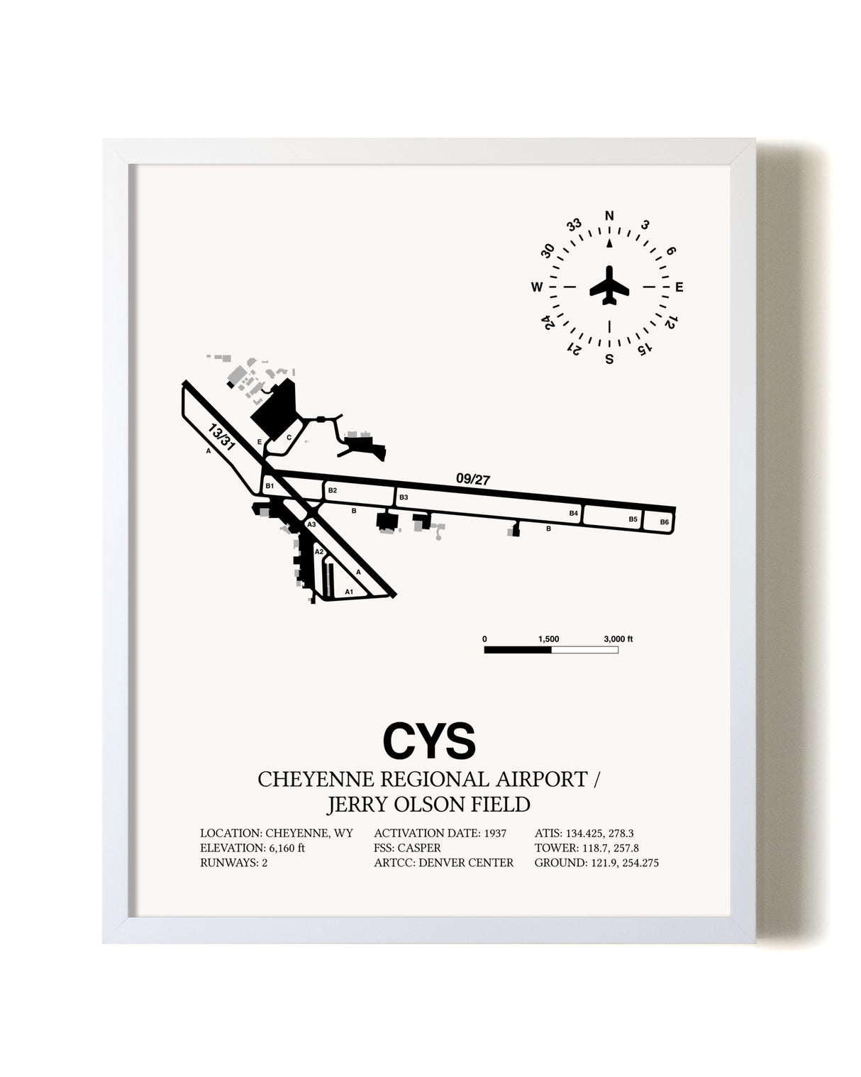 Cheyenne Regional Airport / Jerry Olson Field airport map poster in oak frame