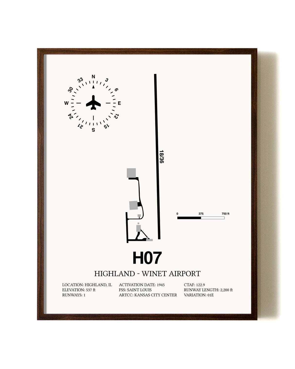 Highland-Winet Airport aviation print in walnut frame
