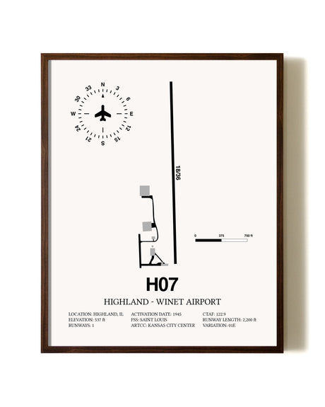 Highland-Winet Airport aviation print in walnut frame