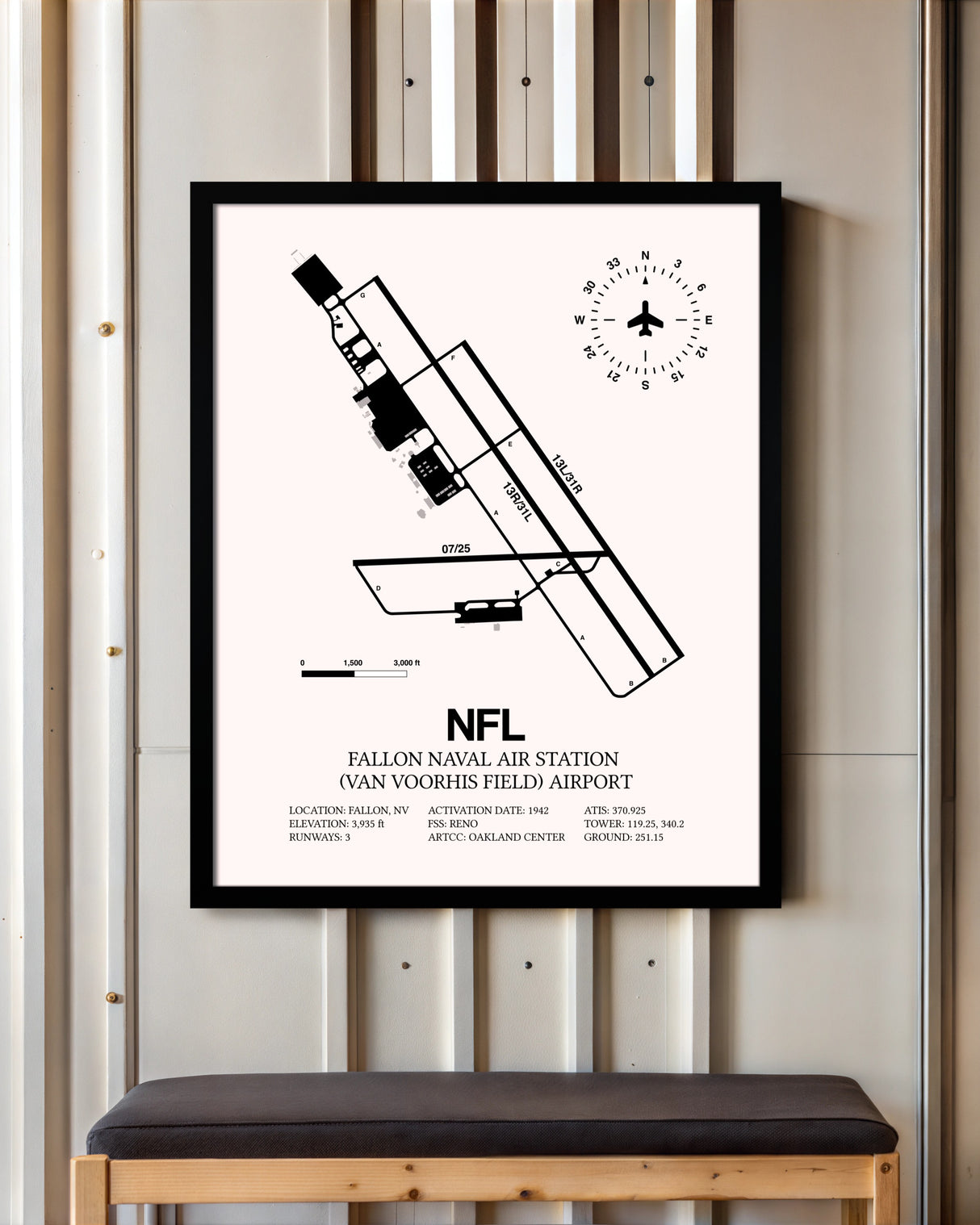 Fallon Naval Air Station (Van Voorhis Field) Airport framed poster displayed in an airplane hangar