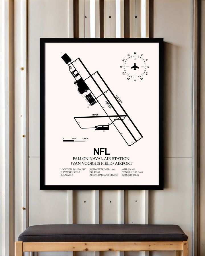 Fallon Naval Air Station (Van Voorhis Field) Airport framed poster displayed in an airplane hangar