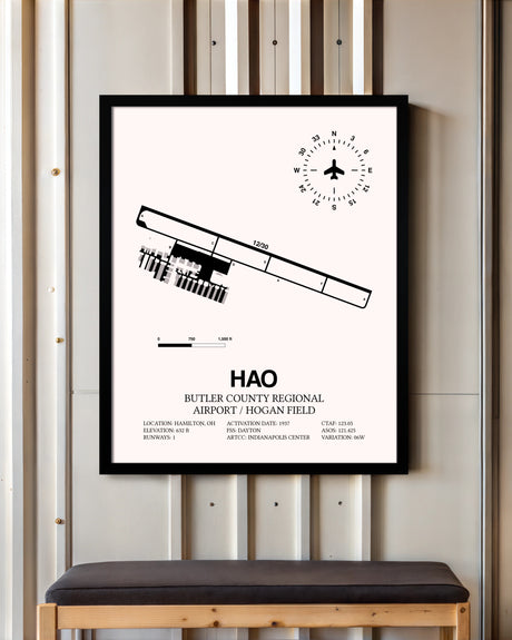 Butler County Regional Airport / Hogan Field framed poster displayed in an airplane hangar