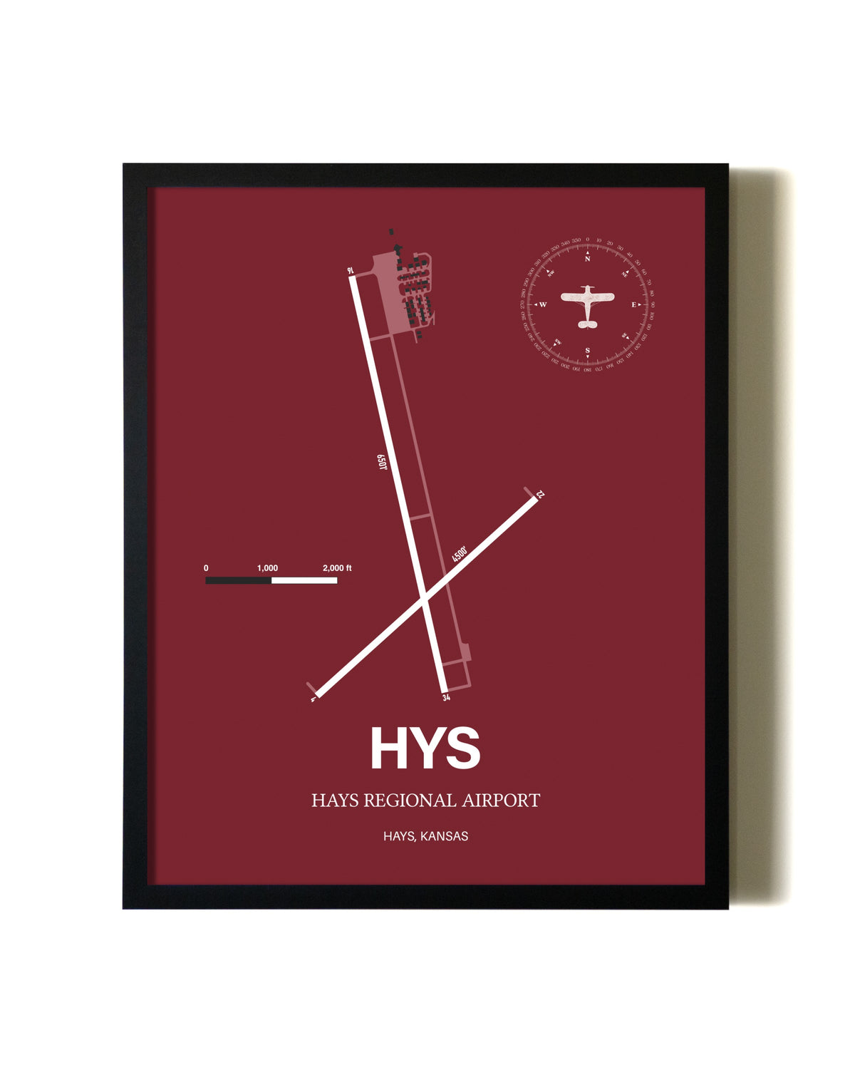 Red Framed Hays Regional Airport wall art poster in black frame