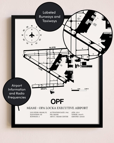 Framed Miami-Opa Locka Executive Airport layout wall art poster