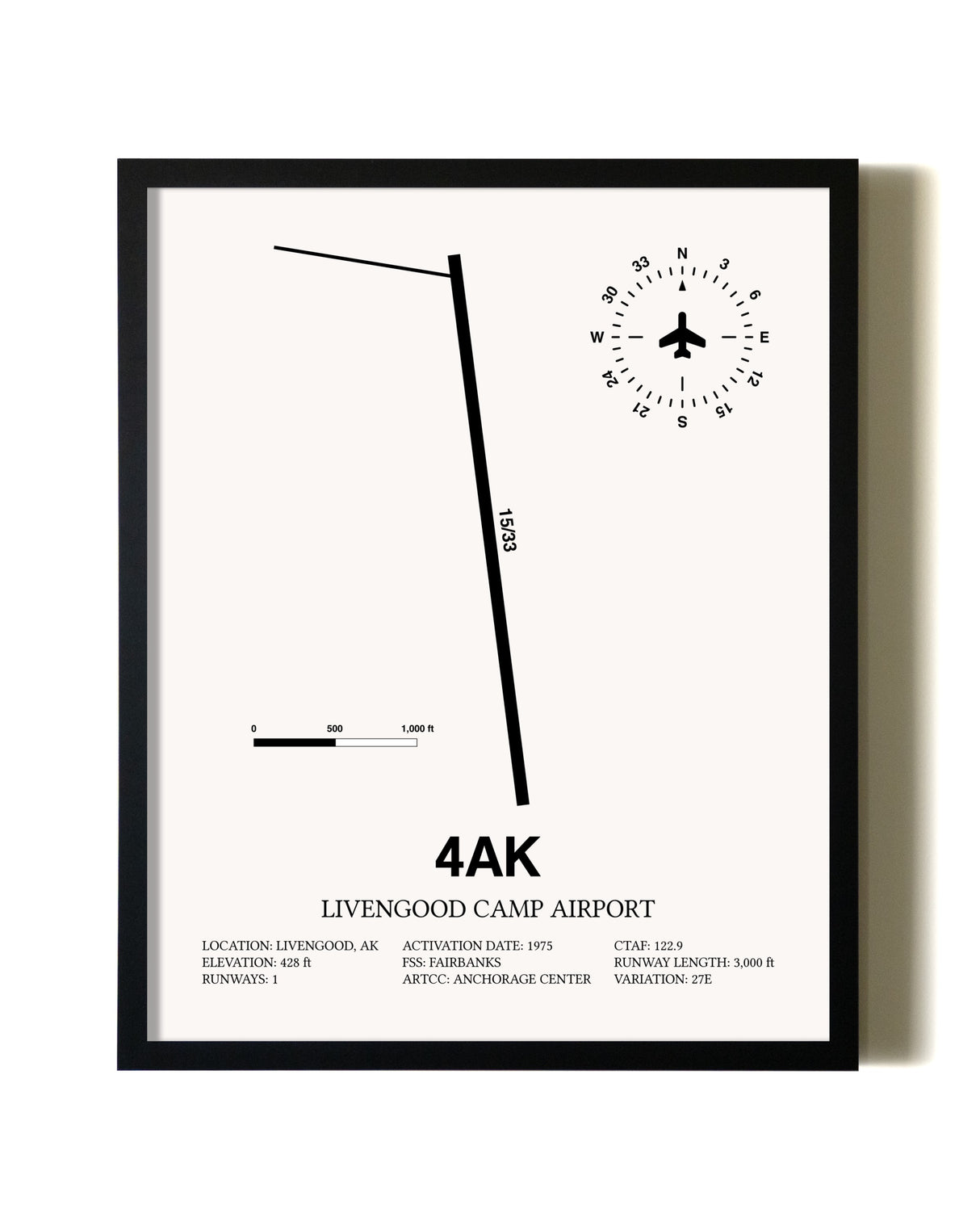 Framed Livengood Camp Airport wall art poster in black frame