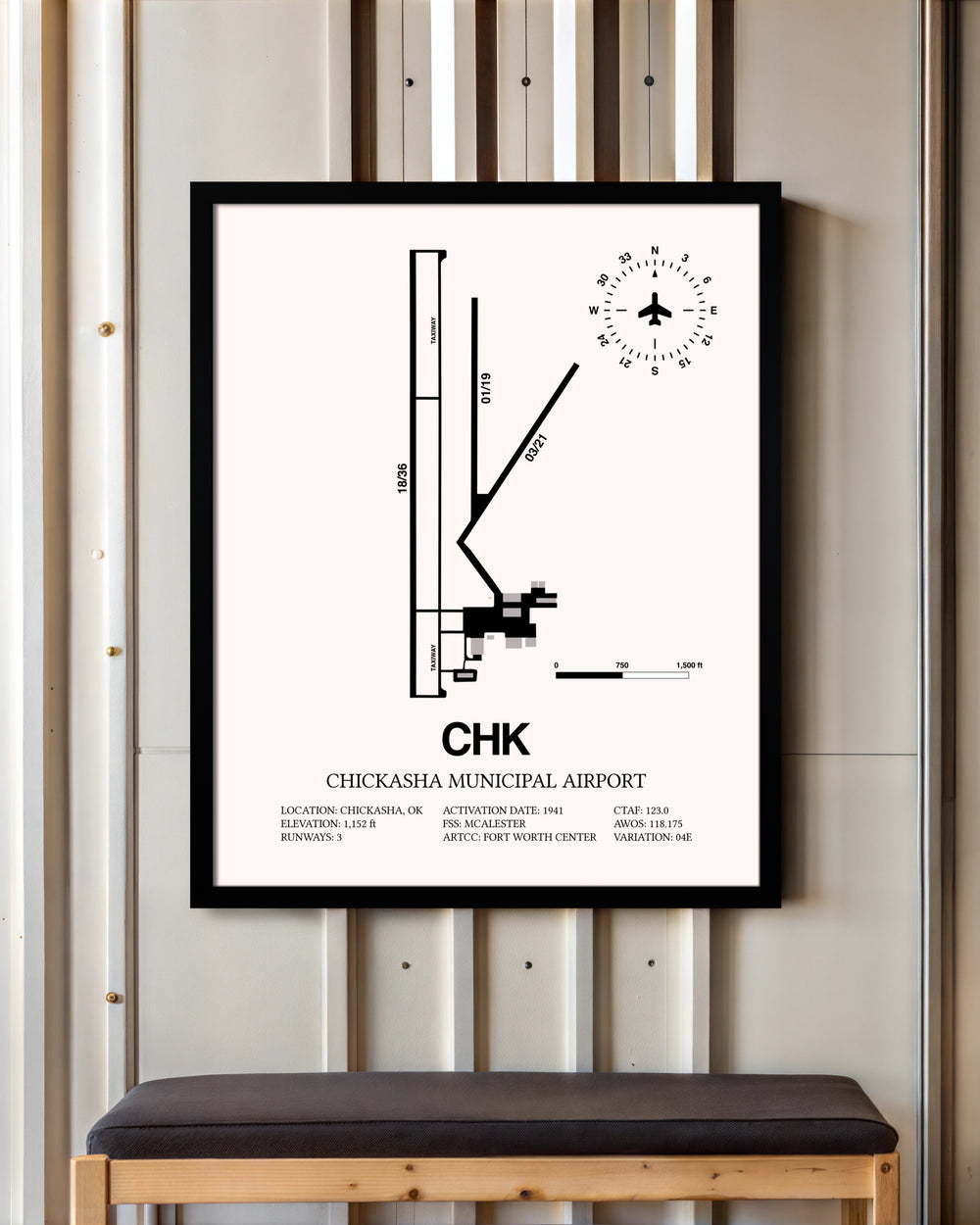 Chickasha Municipal Airport framed poster displayed in an airplane hangar