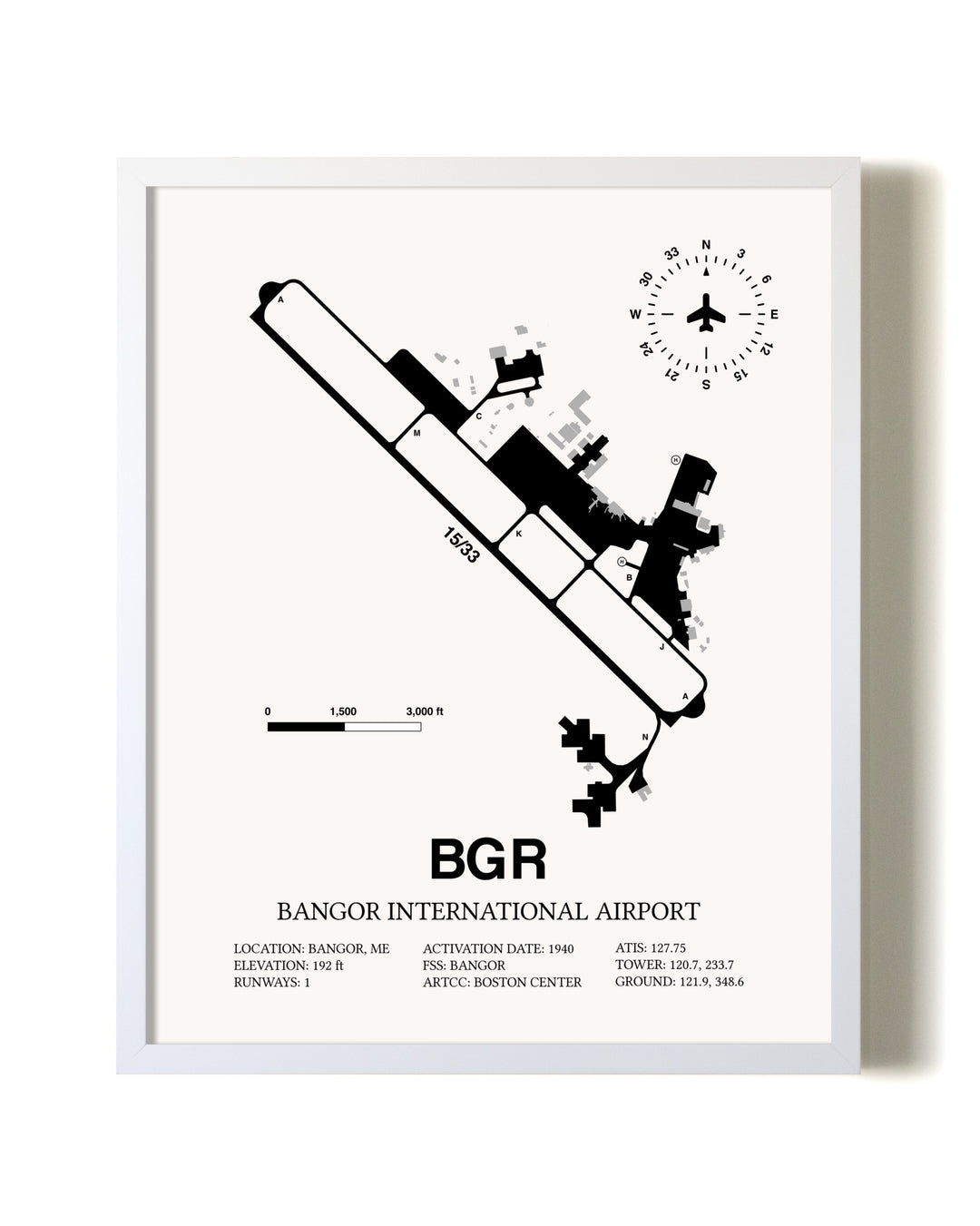 Bangor International Airport airport map poster in oak frame