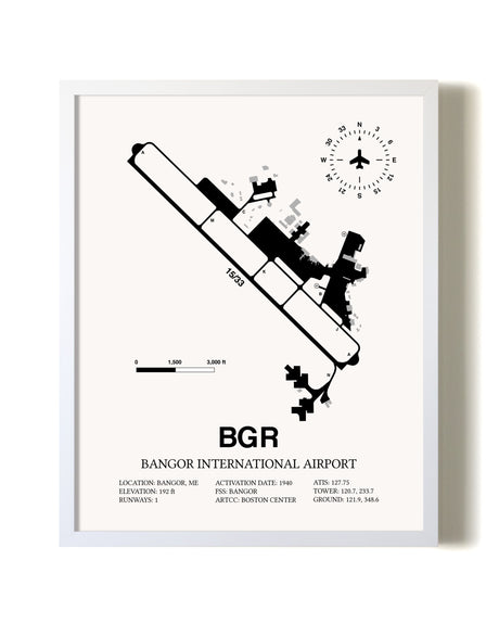 Bangor International Airport airport map poster in oak frame
