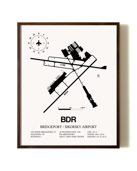 Bridgeport / Sikorsky Airport aviation print in walnut frame
