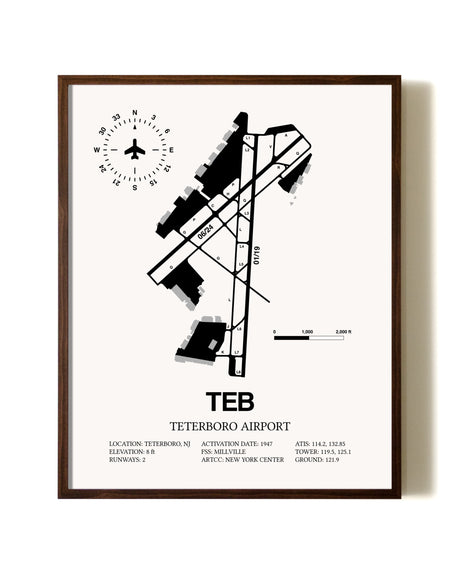 Teterboro Airport aviation print in walnut frame