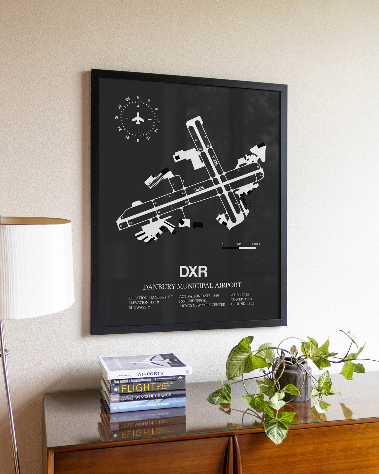 Gray Framed Danbury Municipal Airport wall art poster in black frame